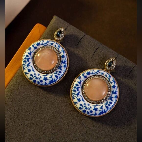 Jewelry - Porcelain-Inspired Enamel and Rose Quartz Drop Earrings